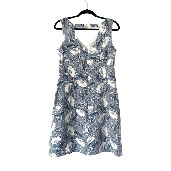 Anni Kuan Floral Blue White Linen Sleeveless Mini Sheath Dress Size 4 V-Neckline - Picture 2 of 6
